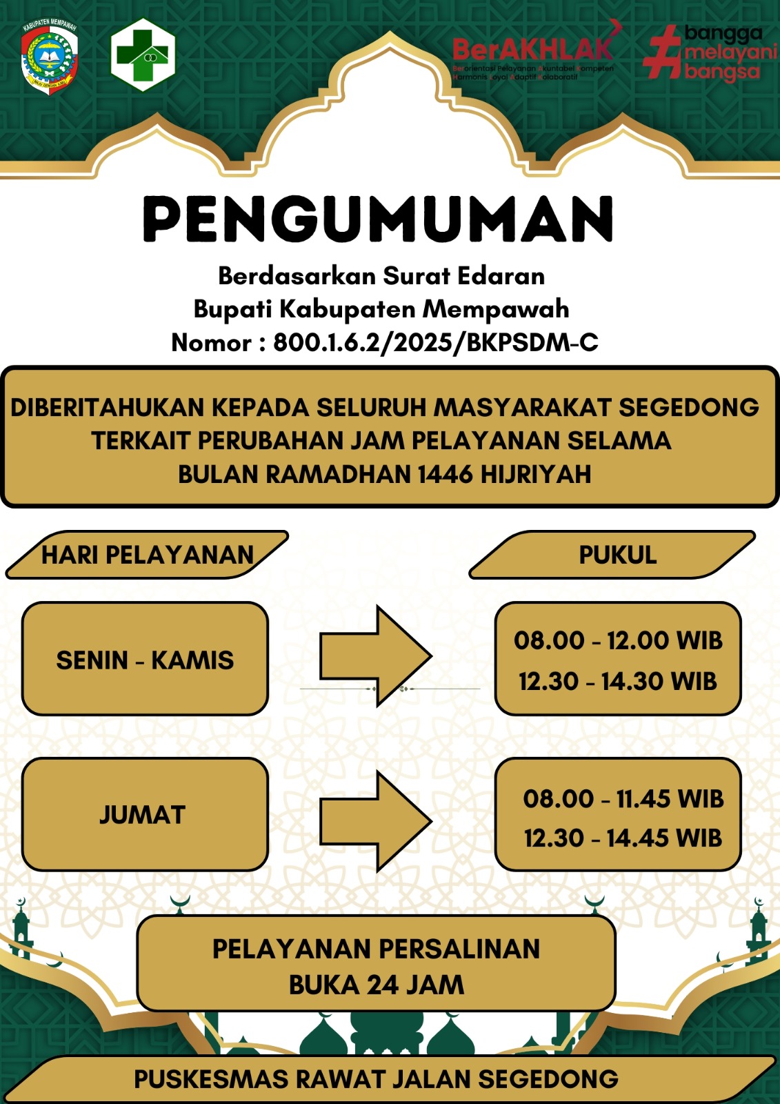 Jadwal Kerja Puskesmas Rawat Jalan Segedong Bulan Ramadhan